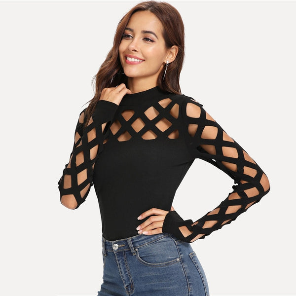 Doren Square Cutout Shoulder Fitted Tee