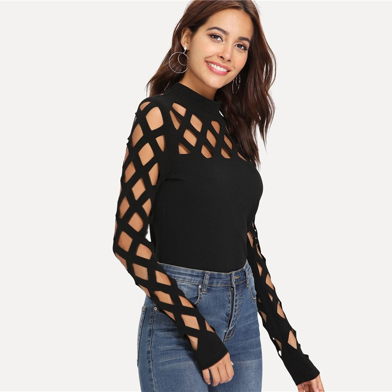 Doren Square Cutout Shoulder Fitted Tee