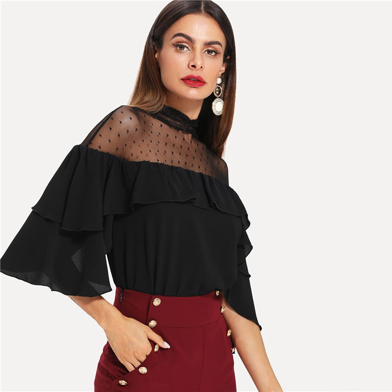 Doren Dot Mesh Insert Keyhole Back Flounce Blouse