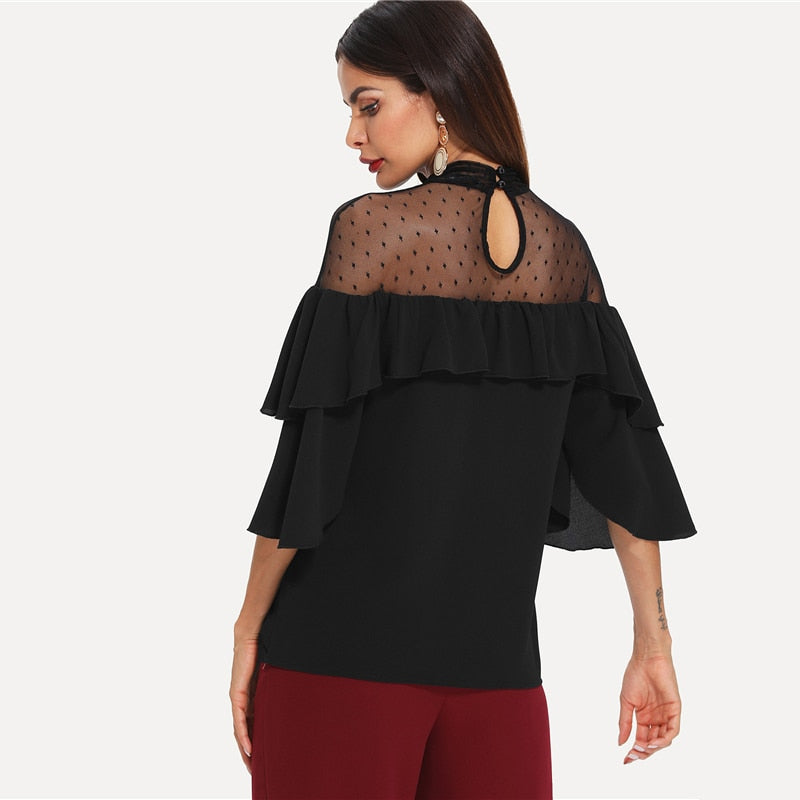 Doren Dot Mesh Insert Keyhole Back Flounce Blouse