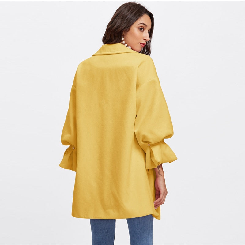 Doren Drop Shoulder Pearl Detail Ruffle Cuff Coat