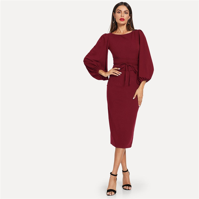 Doren Lantern Sleeve Self Tie Waist Solid Dress