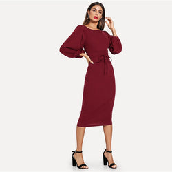 Doren Lantern Sleeve Self Tie Waist Solid Dress