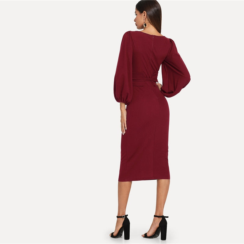 Doren Lantern Sleeve Self Tie Waist Solid Dress