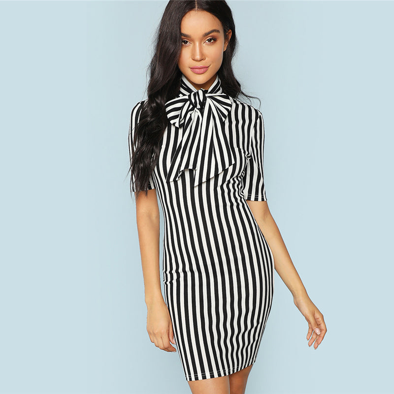 Doren Bow Tie Neck Vertical Striped Pencil Dress