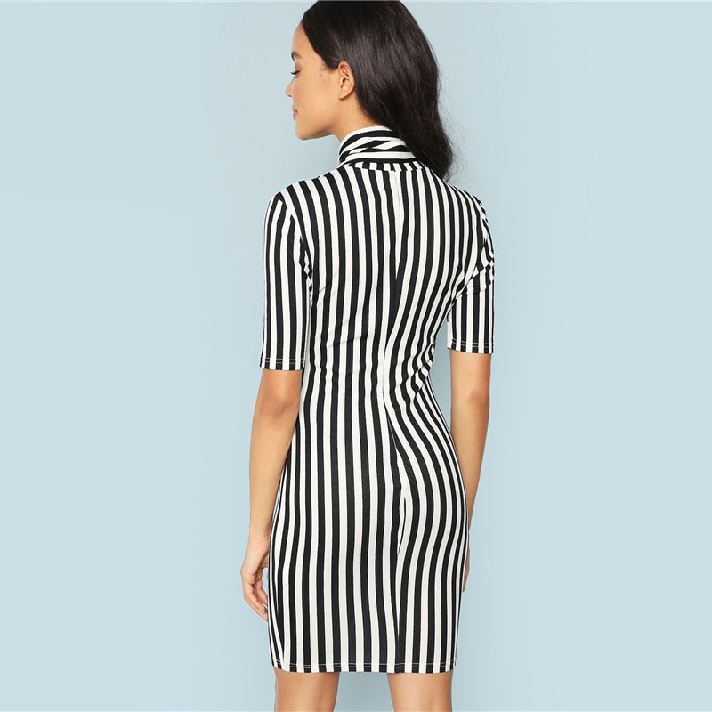 Doren Bow Tie Neck Vertical Striped Pencil Dress