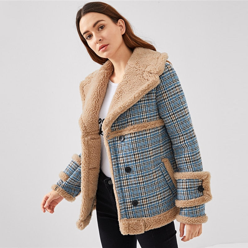 Doren Waterfall Collar Contrast Faux Fur Plaid Coat