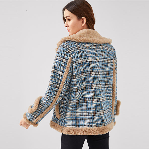 Doren Waterfall Collar Contrast Faux Fur Plaid Coat