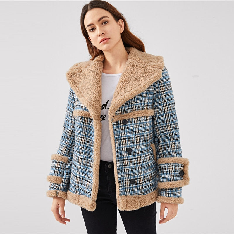 Doren Waterfall Collar Contrast Faux Fur Plaid Coat