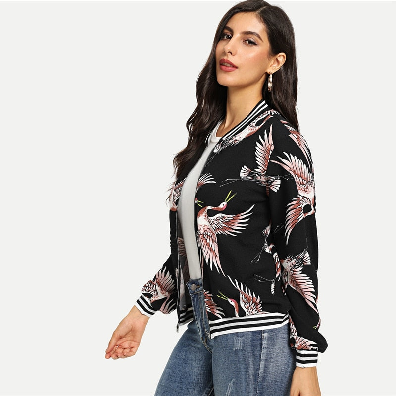 Doren Crane Print Stripe Trim Bomber Jacket