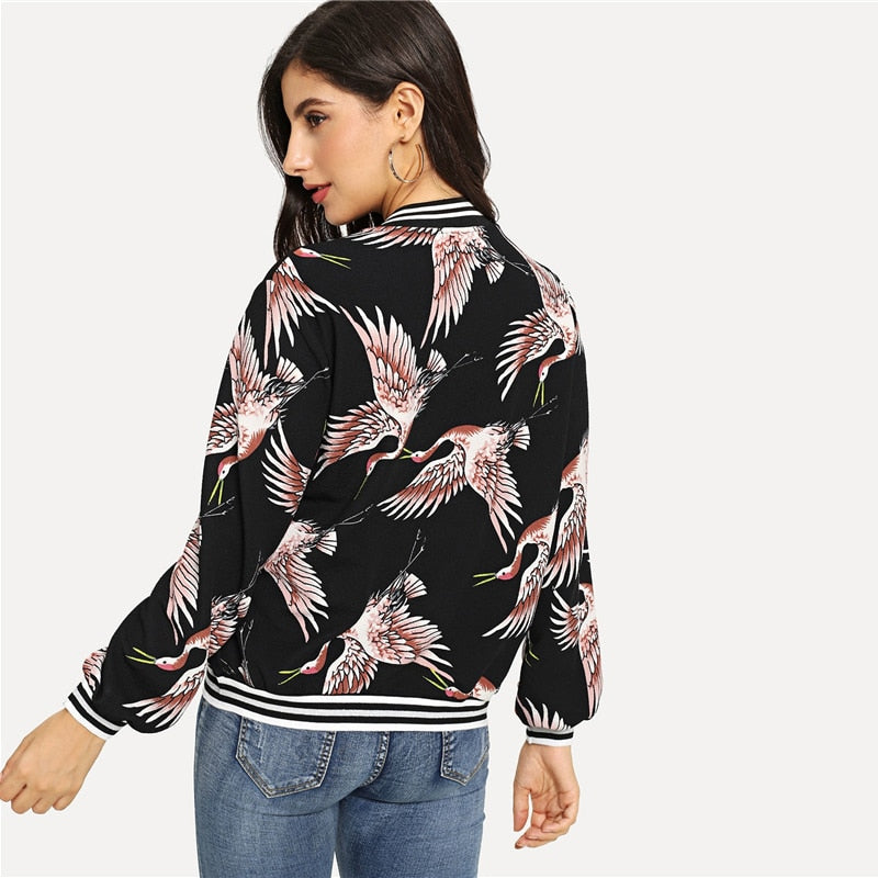 Doren Crane Print Stripe Trim Bomber Jacket