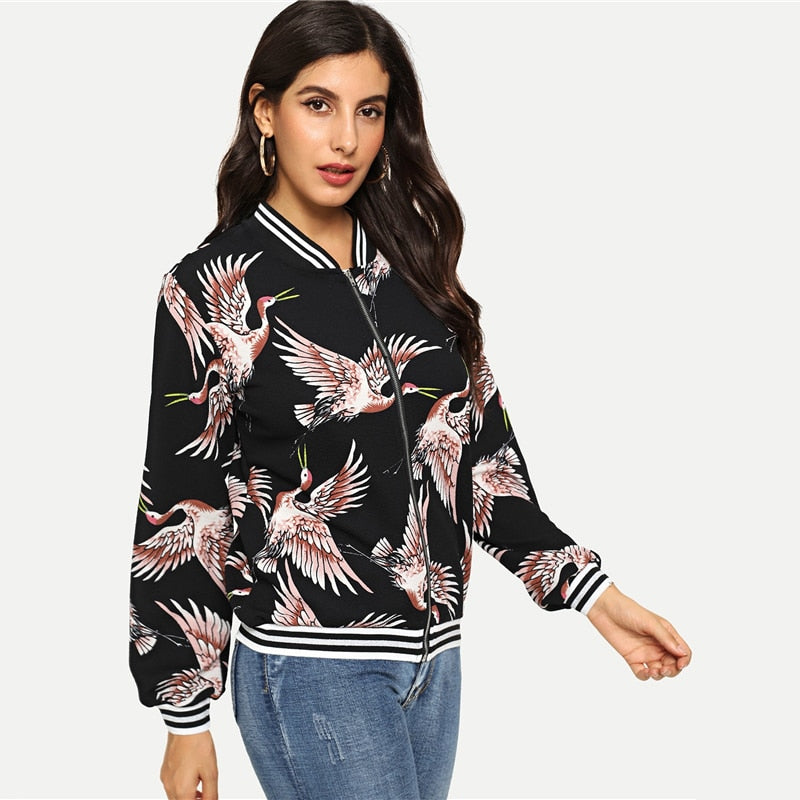 Doren Crane Print Stripe Trim Bomber Jacket