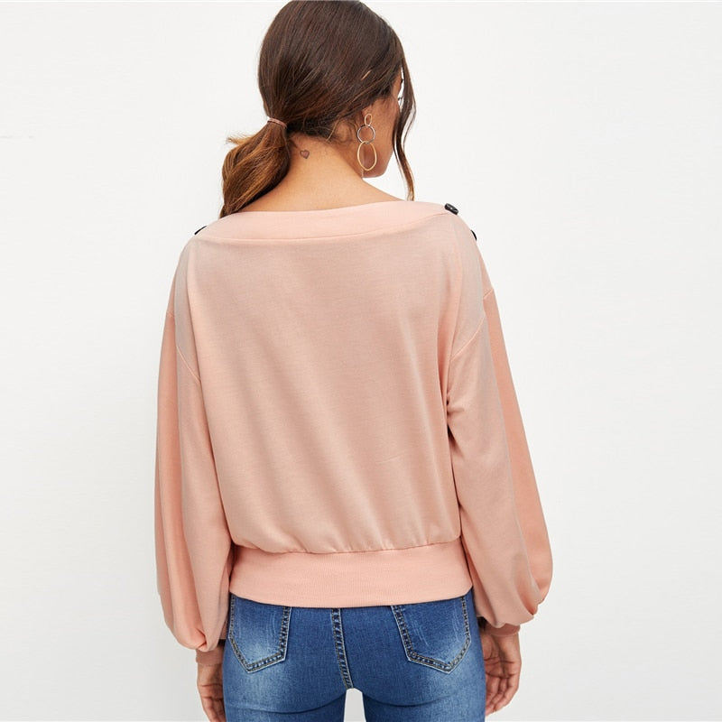 Doren Button Detail Lantern Sleeve Pullover