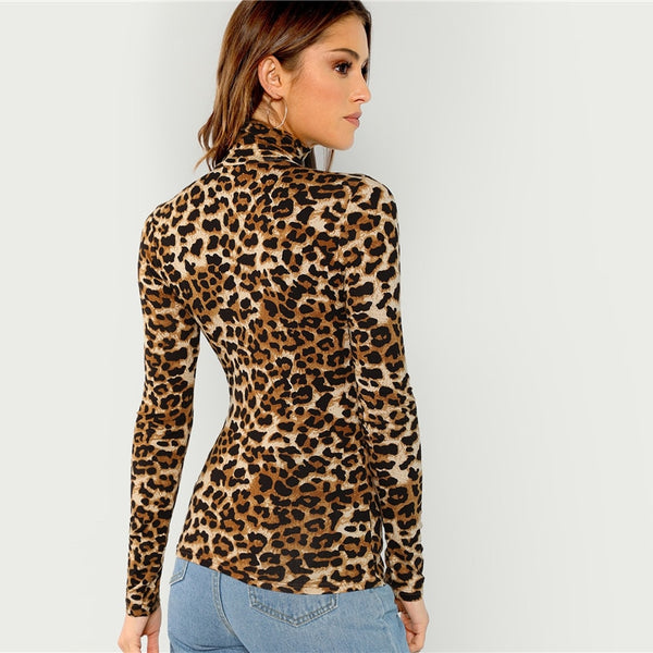 Doren High Neck Leopard Print Fitted Top