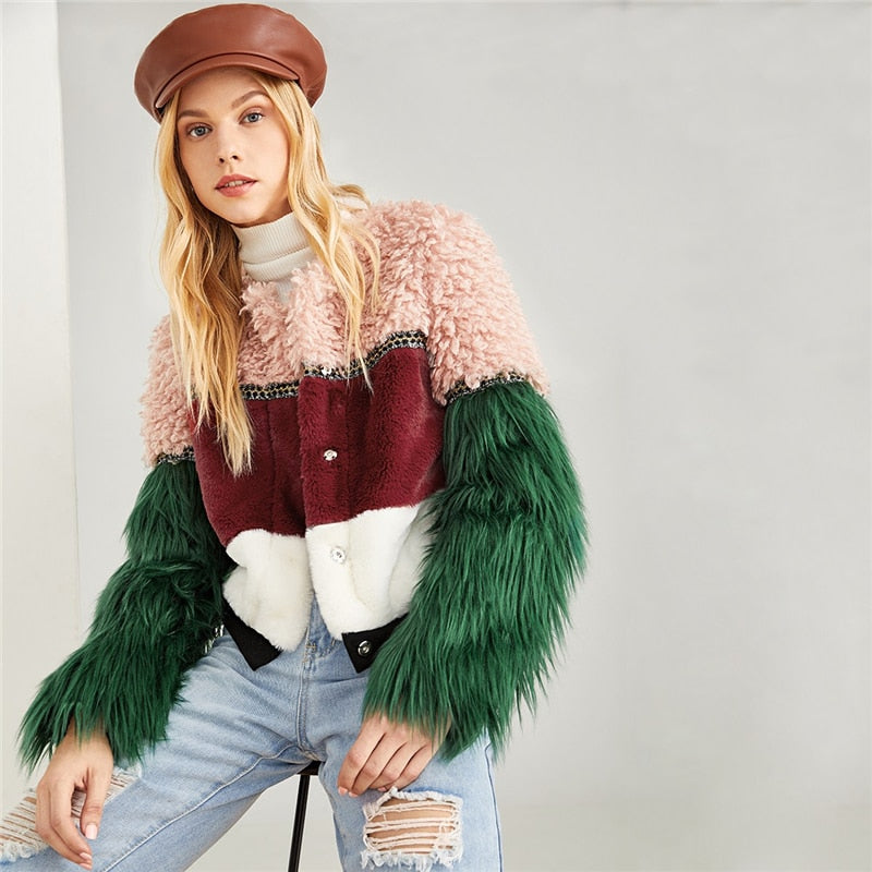 Doren Color Block Contrast Faux Fur Coat