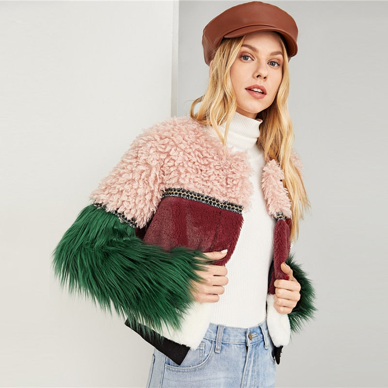 Doren Color Block Contrast Faux Fur Coat