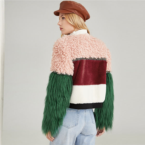 Doren Color Block Contrast Faux Fur Coat