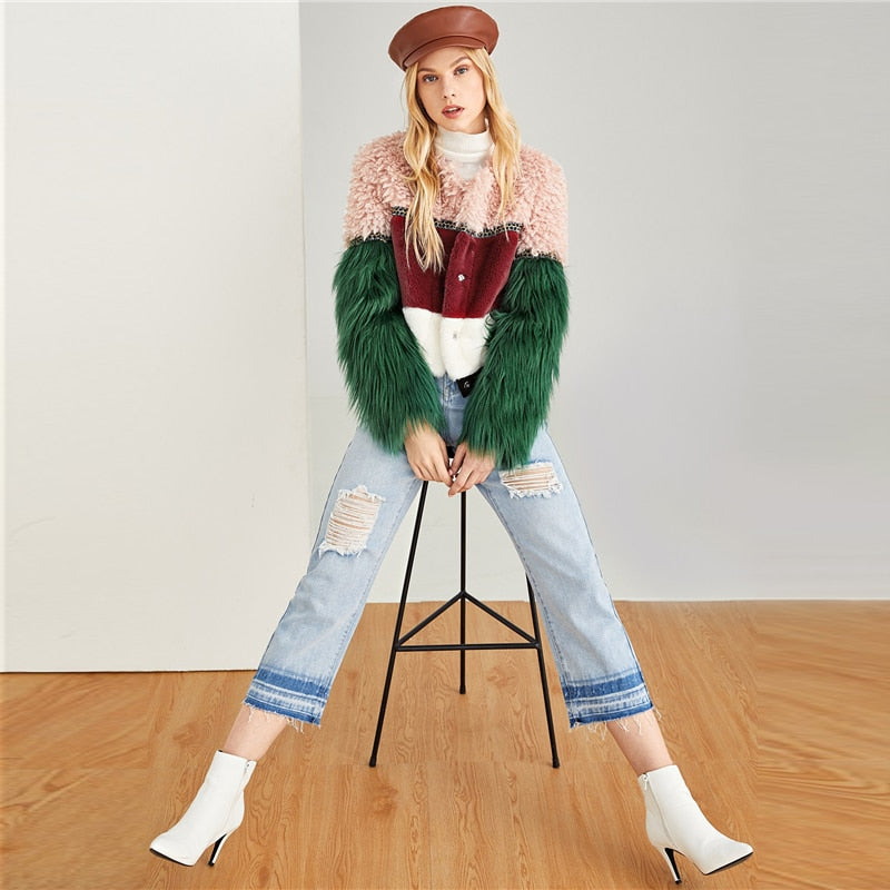 Doren Color Block Contrast Faux Fur Coat