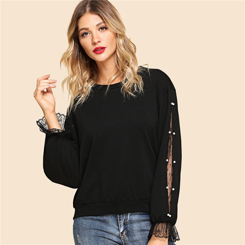 Doren Pearls Beaded Lace Contrast Pullover