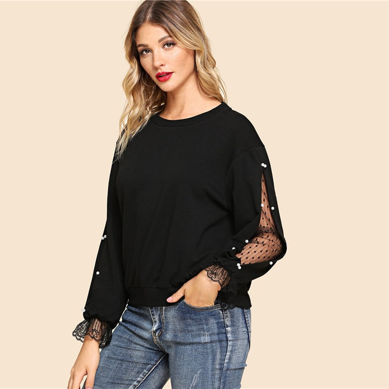 Doren Pearls Beaded Lace Contrast Pullover