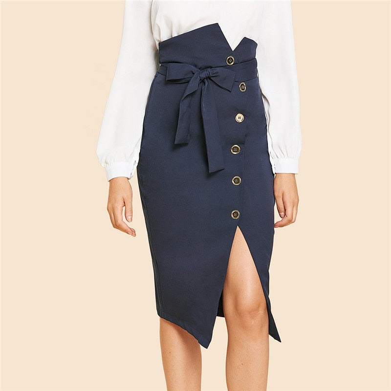 Doren Button Up Slit Hem Belted Skirt