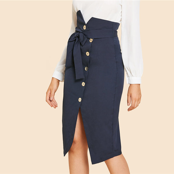 Doren Button Up Slit Hem Belted Skirt