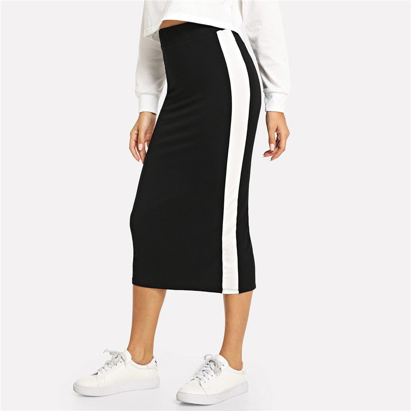 Doren Contrast Sideseam Split Back Pencil Skirt