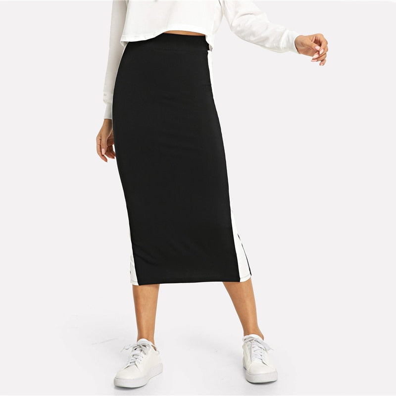 Doren Contrast Sideseam Split Back Pencil Skirt