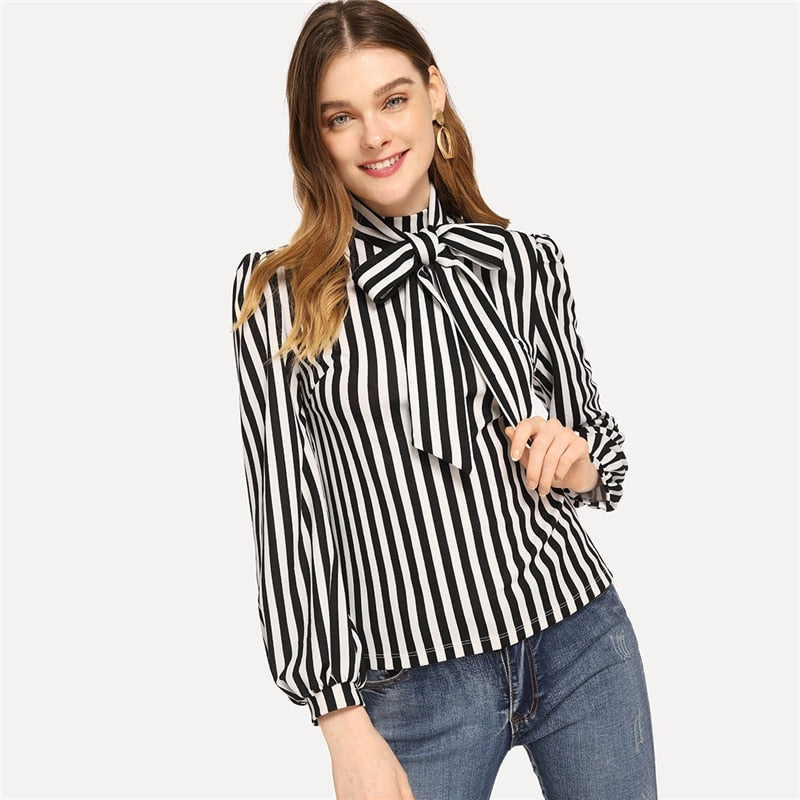 Doren Tie Neck Striped Top