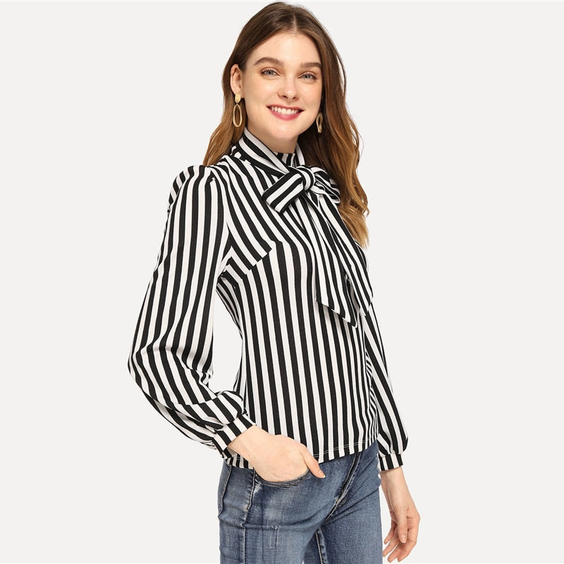 Doren Tie Neck Striped Top