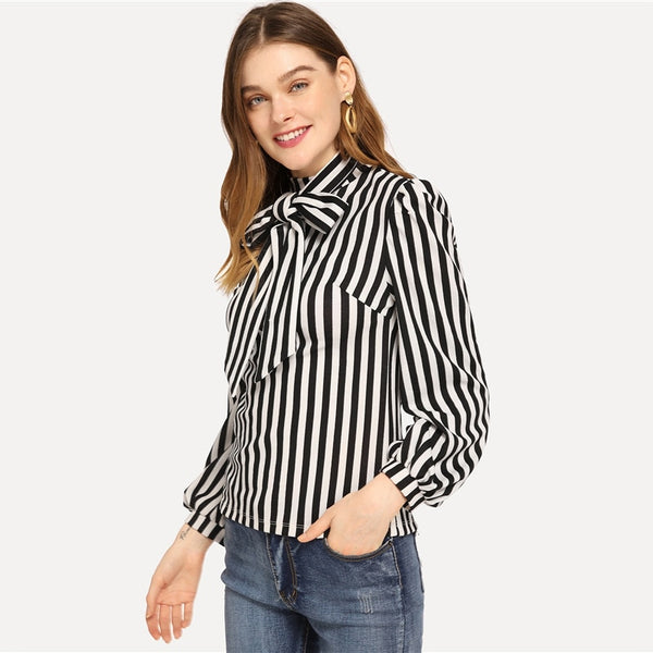 Doren Tie Neck Striped Top