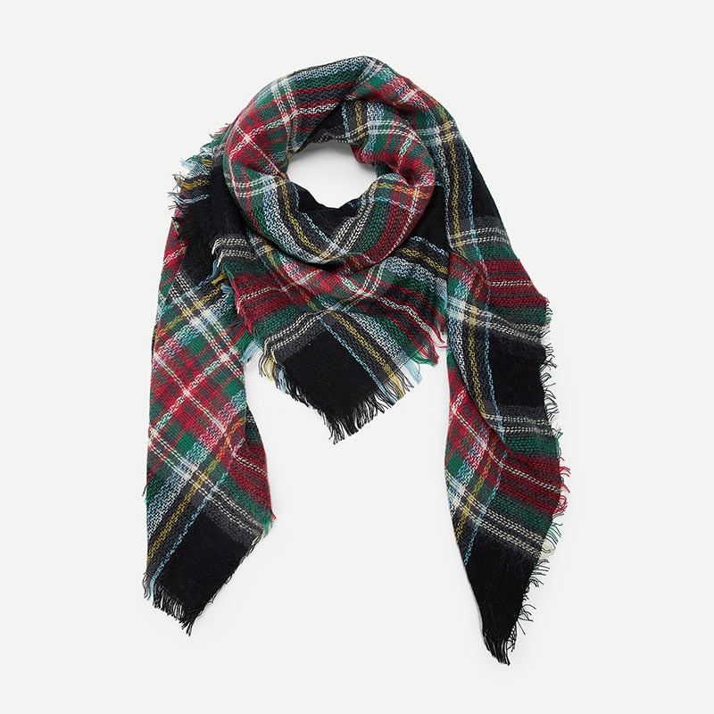 Doren Frayed Trim Plaid Scarf