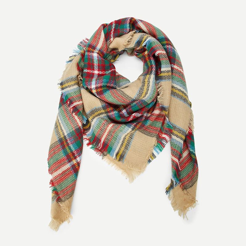 Doren Frayed Trim Plaid Scarf