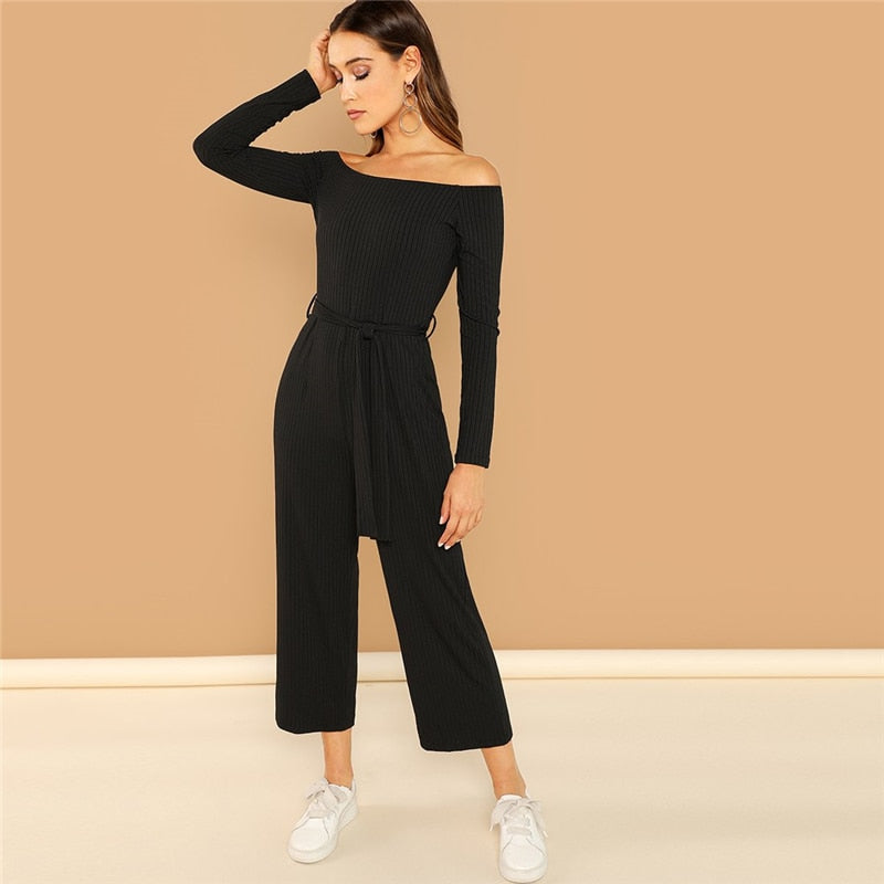 Doren Off Shoulder Tie Waist Wide Leg Jumpsuit