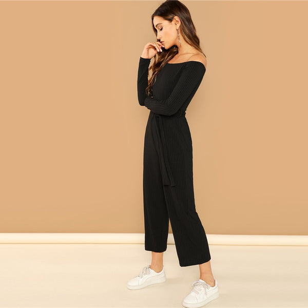 Doren Off Shoulder Tie Waist Wide Leg Jumpsuit