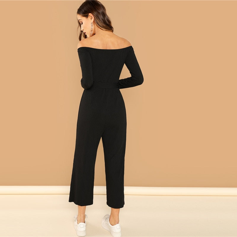 Doren Off Shoulder Tie Waist Wide Leg Jumpsuit