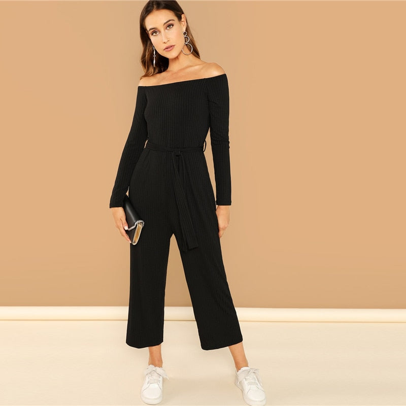 Doren Off Shoulder Tie Waist Wide Leg Jumpsuit