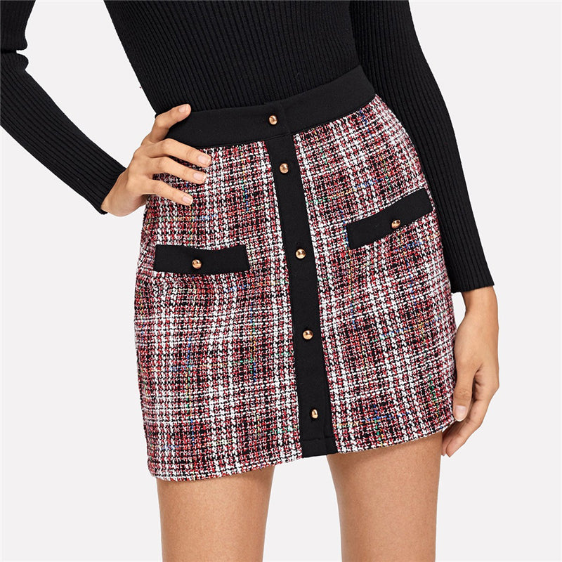 Doren Solid Trim Button Up Tweed Skirt