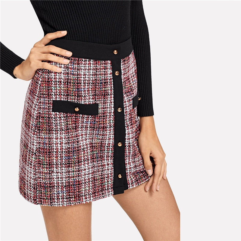 Doren Solid Trim Button Up Tweed Skirt