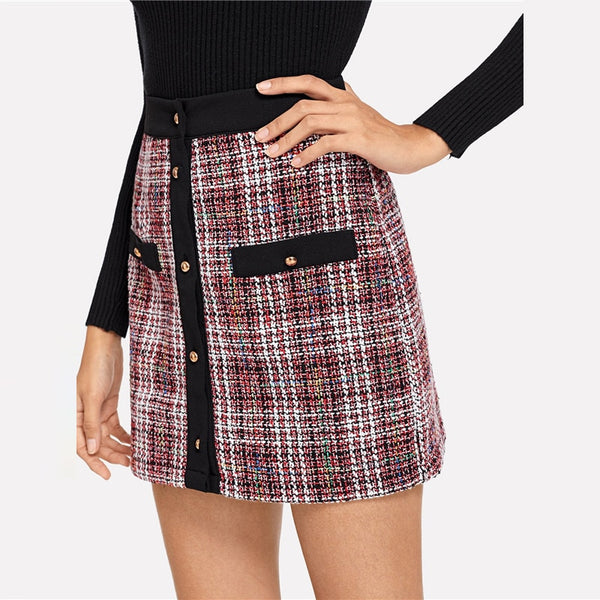 Doren Solid Trim Button Up Tweed Skirt