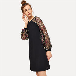 Doren Flower Embroidered Mesh Contrast Dress