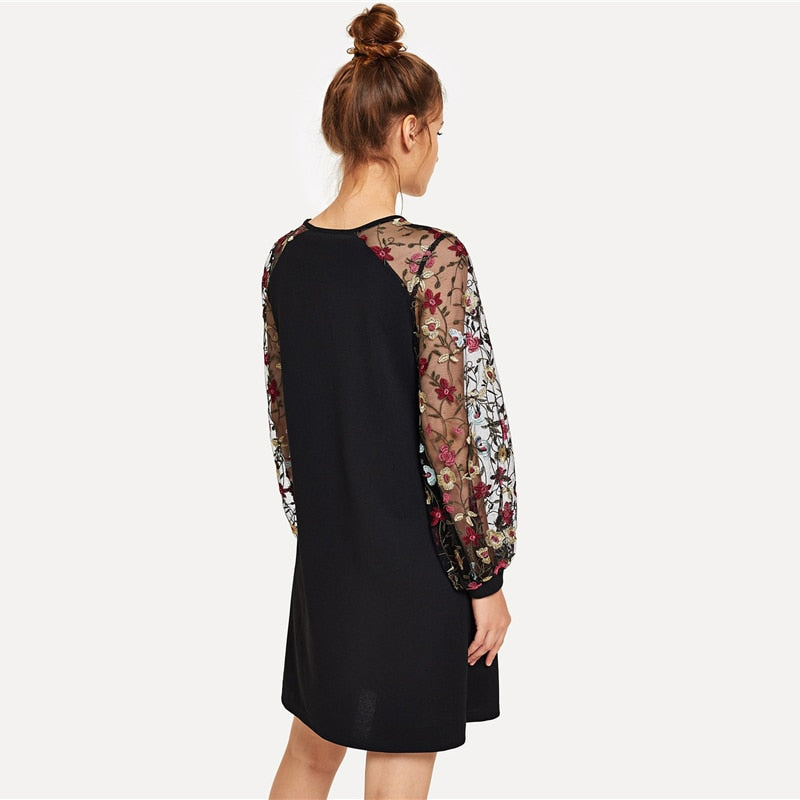 Doren Flower Embroidered Mesh Contrast Dress