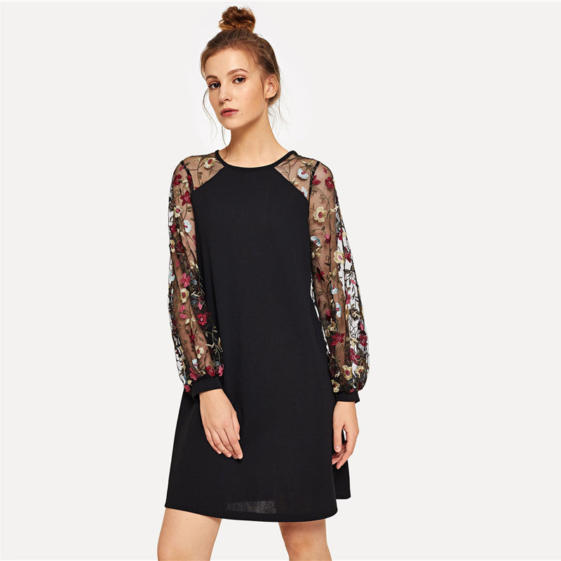 Doren Flower Embroidered Mesh Contrast Dress