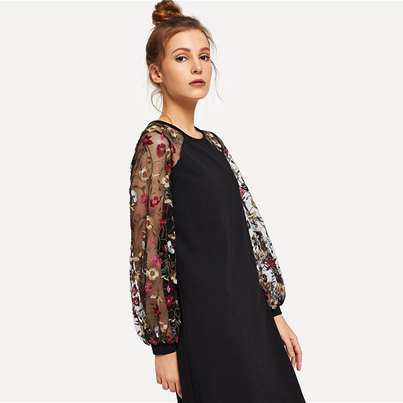 Doren Flower Embroidered Mesh Contrast Dress