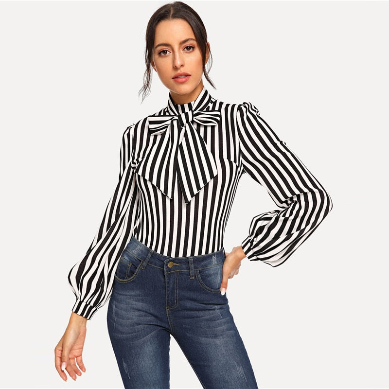 Doren Tie Neck Striped Top