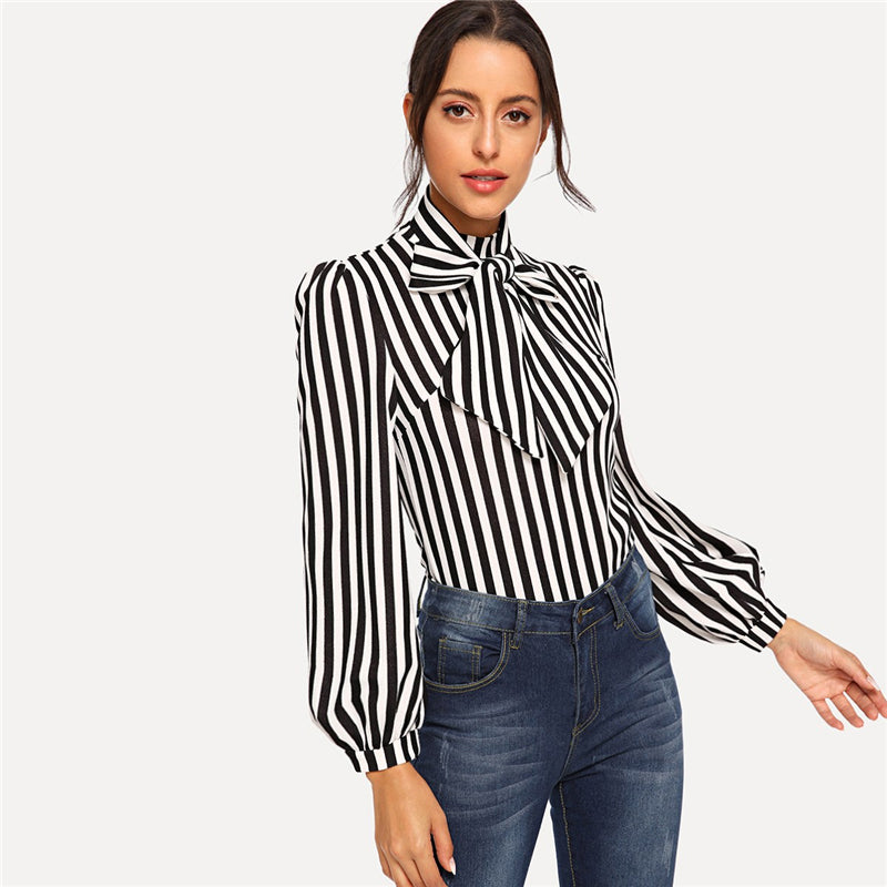 Doren Tie Neck Striped Top