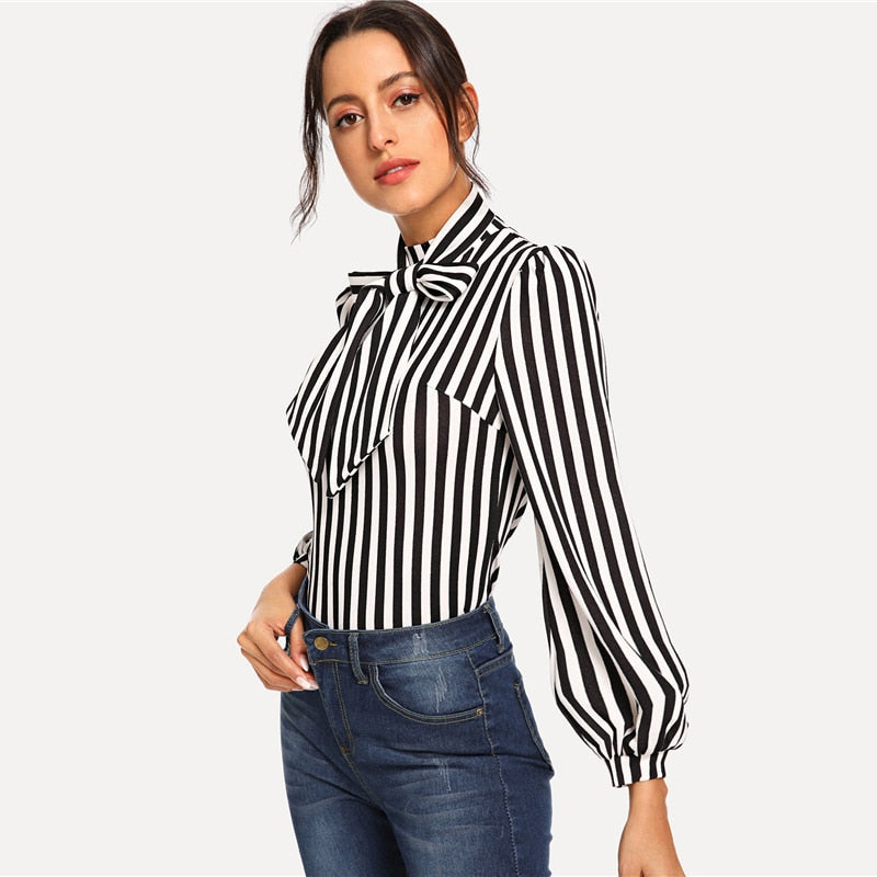 Doren Tie Neck Striped Top