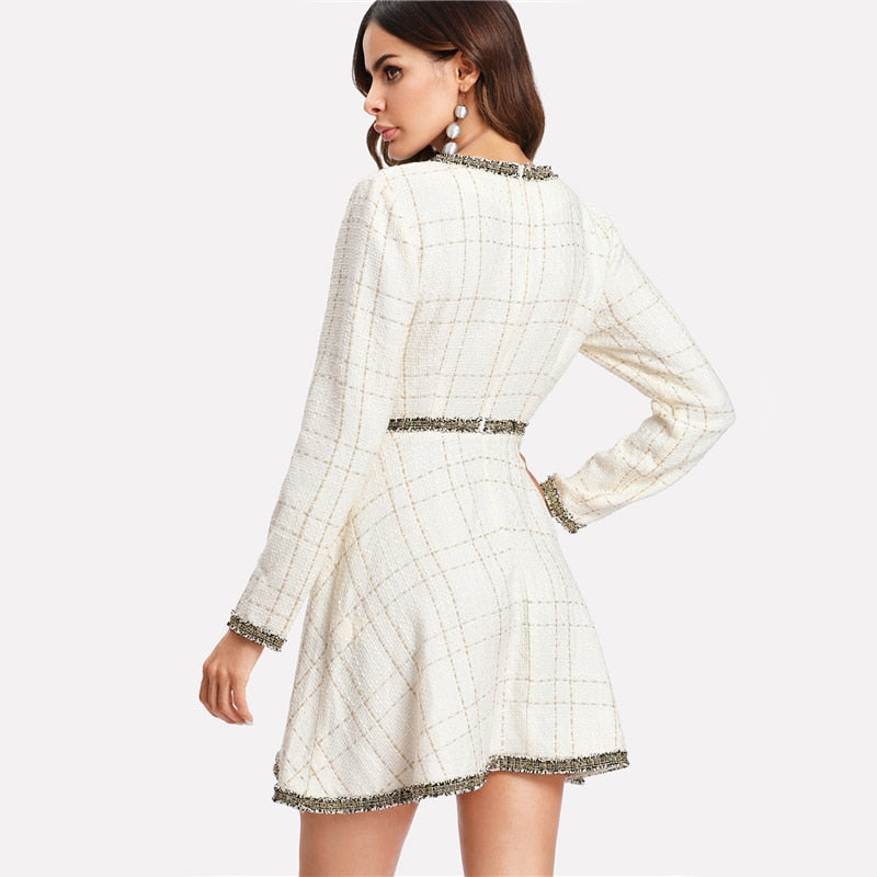 Doren Contrast Trim Grid Tweed Dress