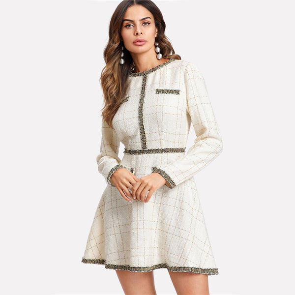 Doren Contrast Trim Grid Tweed Dress