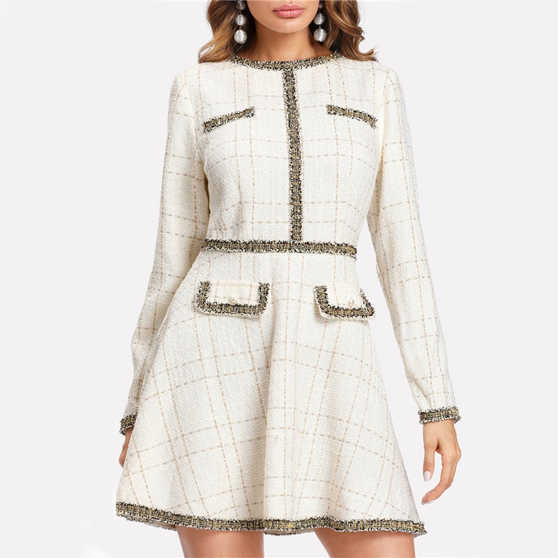 Doren Contrast Trim Grid Tweed Dress